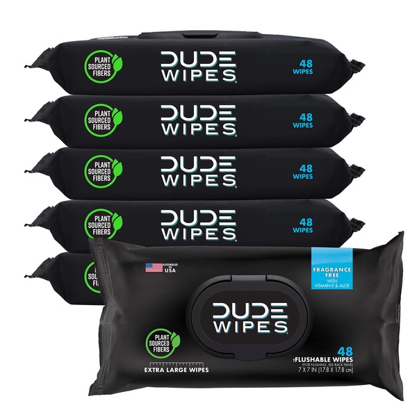 DUDE Wipes - Flushable Wipes - 6 Pack, 288 Wipes - Unscented Extra-Large Adult Wet Wipes - Vitamin-E & Aloe for at-Home Use - Septic and Sewer Safe
