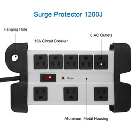 Heavy Duty Surge Protector for Appliances, 8 Outlet Workshop Power Strip with 1200 Joules, Metal with 6FT Extension Cord and Wide Spaced. Grey