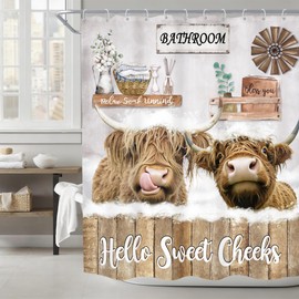 Imirell Funny Highland Cow Shower Curtain 60Wx72H Inches Rustic Farmhouse Bull Animal Wooden Board Country Western Wildlife Plant Nature Farm Fabric Waterproof Polyester with 12 Pack Hooks Plastic