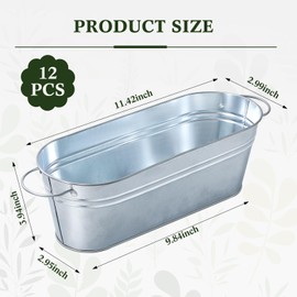 Gejoy 12 Pcs Small Galvanized Oval Planters With Handles - Rustic Tub Flower Pot, Silver Metal Buckets for Outdoor Farmhouse Decorations, 11.42 x 3.94 x 2.99 Inch