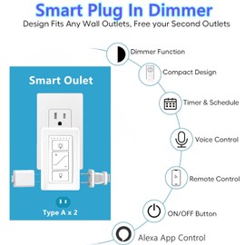 Nexete Smart Dimmer Plug Outlet Switch, Lamp Dimmer Outlet Switch Plug Adapter for Dimmable LED Light Bulbs, Lamps, String Lights, Voice Control,Bluetooth Work with Alexa Only (Plug in Dimmer)