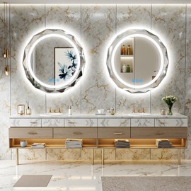 Homsion 28 Inch Round LED Bathroom Mirror with Lights, Frameless Vanity LED Mirror for Bathroom with Beveled Edge, Backlit Anti-Fog, Dimmable, 3 Colors, Memory Function, Tempered Glass, Shatter-Proof