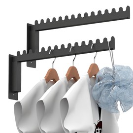 STWWO Coat Hooks Wall Mounted Clothes Fan Wall Clothes Rack Clothes Rail with 14 Slot Holes Metal Coat Hooks for Balconies Bathroom Laundry Room (Black, Pack of 2)