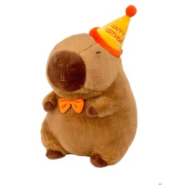 Karoeiwa Capybara Plush with Yellow Happy Birthday Hat Bow 13 inch Cute Capibara Stuffed Animal Party Decoration Soft Plushies Toys Kawaii Gifts for Kids Brown
