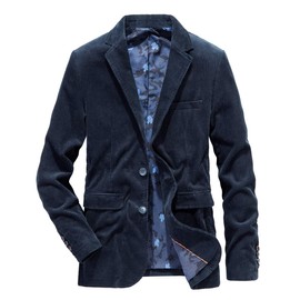 chouyatou Men's Vintage Casual Work Wear Corduroy Suit Blazer Jacket Sport Coat (Large, Dark Blue)
