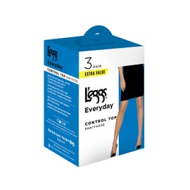 L'eggs Everyday Control Top Sheer Toe Pantyhose for All Day Comfort, 100% Nylon, Jet Black, Size B (Pack of 3)