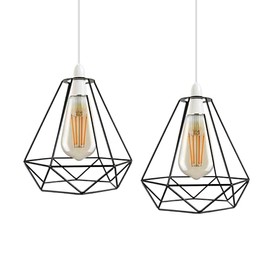 LEDSone Modern Geometric Diamond Pendant Ceiling Light Lampshade Metal Wire Cage Lampshade for Living Room, Restaurants (Black - 2 Pack)