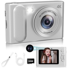 Camera Selfie 1080P HD Video Dual Lens, 48MP Digital Point and Shoot Cameras with 8X Zoom, Fill Light & 32GB SD Card, Vintage Compact Small Camera for Boys Girls Kids (Silver)