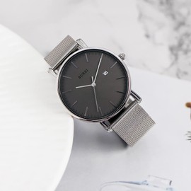 BUREI Stylish Men's Wristwatches, Minimalist Ultra-slim, Large Dial and Date, Stainless Steel Strap, silver-grey