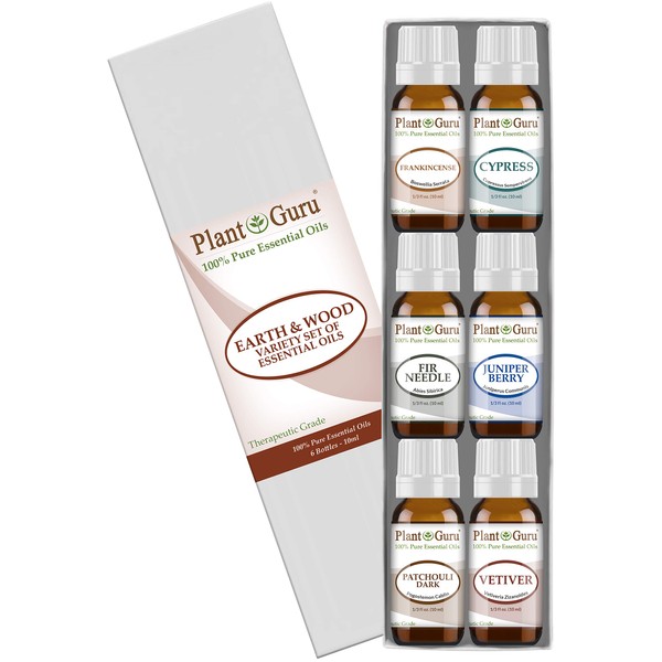 Earth & Wood Essential Oil Variety Set Kit - 6 Pack - 100% Pure Therapeutic Grade 10 ml. Includes Frankincense, Cypress, Fir Needle, Juniper Berry, Patchouli, Vetiver.