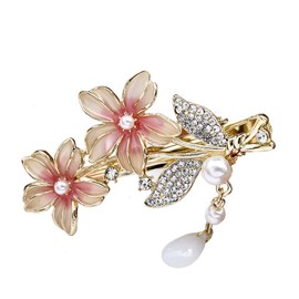 yangzerang Crystal Hair Clips Pearls Alligator Hairpins Small Mini Flower Hair Barrettes Hair Pink Flower Hairpin Shining Hair Accessories for Women and Girls Gold Tone