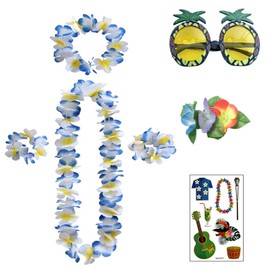 7 Pieces Hawaiian Necklaces, Flower Necklace, Headband, Bracelet, Hair Clips, Tattoo Stickers, Pineapple Glasses, Hawaiian Flower Chains, for Carnival Party, Beach Parties, Cheerleading (Classic Blue