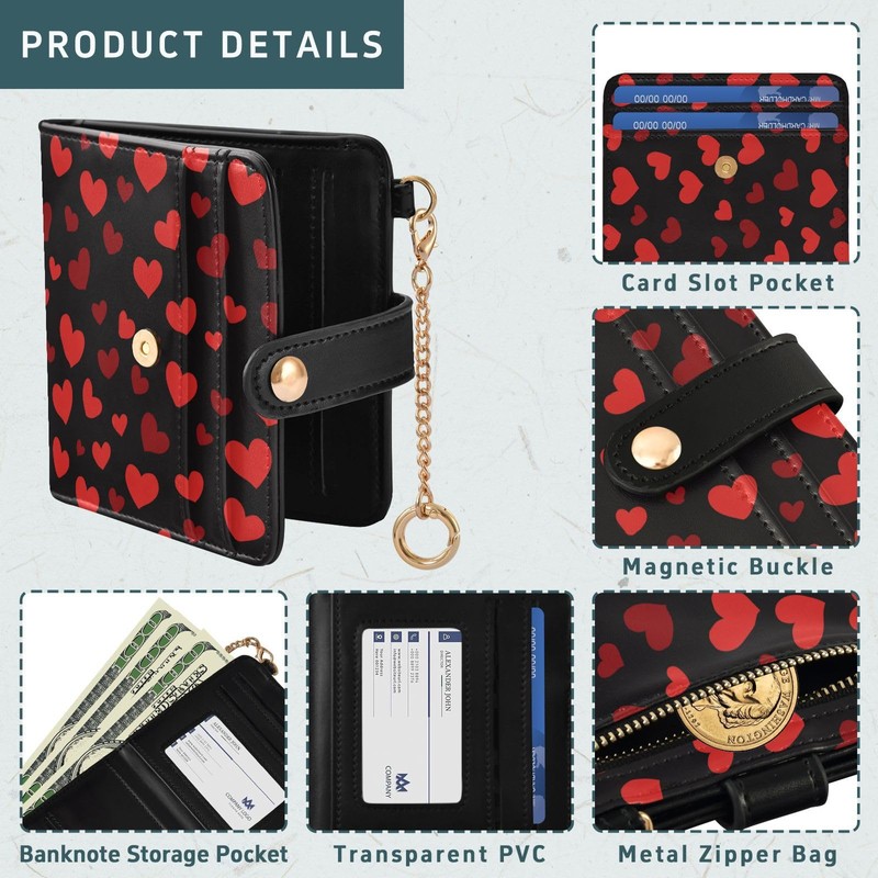 Dallonan Red Heart Black Womens Wallet RFID Blocking Small Slim