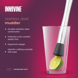 Innovine Stainless Steel Muddler, Ergonomic Design with Non-Scratch Plastic Foot, Perfect for Cocktails, Mojitos, Old Fashioned, Home Bar Accessories, Professional Bartending Tools, Set of 1