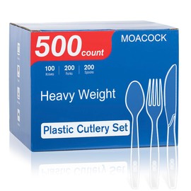 MOACOCK 500 Count Extra Heavy Duty Plastic Silverware, 200 Forks, 200 Spoons, 100 Knives, Disposable Plastic Cutlery Set for Parties, Picnics, Big Event, Daily Use