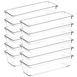 Ravinte Decor 12 Pack Drawer Organizer - 3" X 9" Clear Acrylic Storage Bins with Non-Slip Pads, Versatile Desk Tray for Makeup, Jewelry, Kitchen, Bathroom, and Office Organization