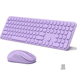 KEQTFT Wireless Keyboard and Mouse Combo, 110 Round Quiet Keys, Adjustable Optical Mouse, Share 1xUSB Receiver, Power Switch, for Windows Mac(Purple)