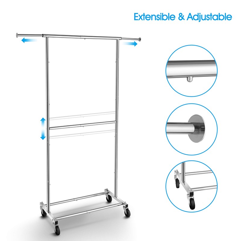 Simple Trending Double Rod Clothing Garment Rack, Rolling Clothes Organizer