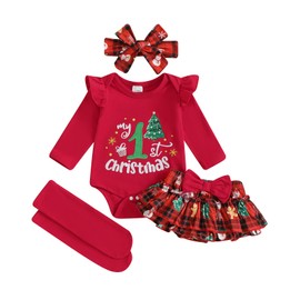 mlpeerw My First Christmas Baby Girl Outfit Newborn 1st Christmas Romper Ruffle Skirt Tutu Dress Headband Cute Xmas Clothes (My 1st Christmas Red, 3-6 Months)