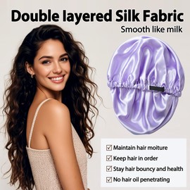 NVNAN Satin Bonnet for Women,Double Layer Adjustable Sleep Cap, Soft and Silk Hair Bonnet for Curly Hair Protection, 2 Pack （Purple, Blush）