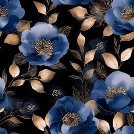 PODUFF Dark Floral Wallpaper – Blue Peony and Gold Leaf Pattern on Black Background – Modern Peel and Stick Wallpaper for Bedroom, Living Room or Accent Wall 17.7in x 118in