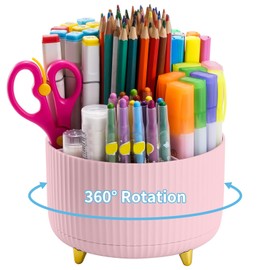 Marbrasse Desk Organiser,360-Degree Rotating Pen Holder for Desk,Desk Organisers and Accessories with 5 Compartments Pencil Organiser, Organisers Storage Box Caddy for Office,Home (Pink)
