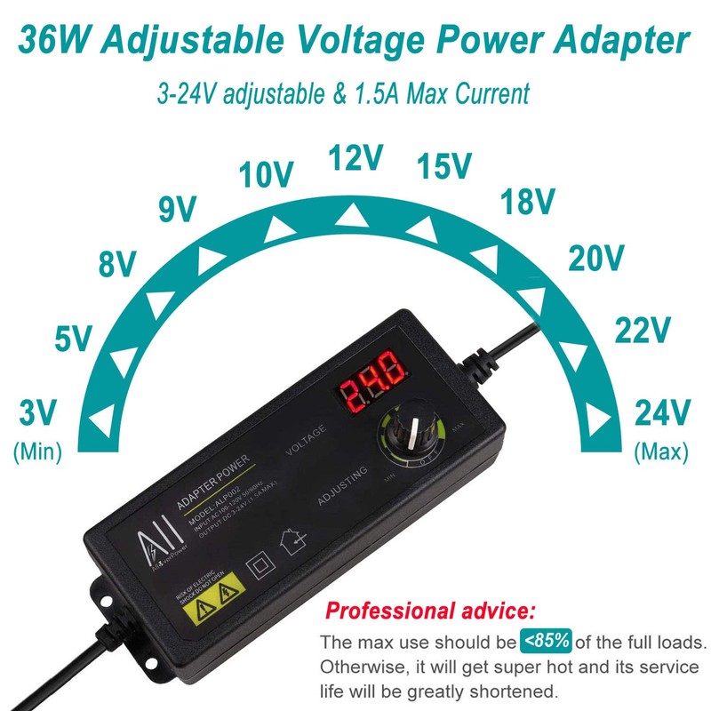 AlloverPower 3V - 24V 1.5A 36W Universal Adjustable DC Power