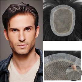 Hombre Tupé Reemplazo de tupé for hombres, tupé de cuero cabelludo biológico hecho a mano, prótesis de cabello humano masculino, sistemas de cabello liso natural transpirable, peluca for hombres Peluc