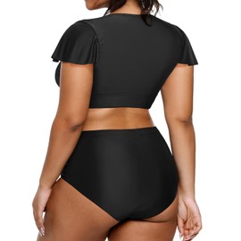 Yonique Womens Two Piece Plus Size Bikini Set High Waisted Swimsuits Tummy Control Bathing Suits Short Sleeve Swimwear, Black, 20 Plus