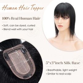 S-noilite Human Hair Toppers for Women with Bangs 100% Real Human Hairpiece 5"x3" Clip in Silk Base Topper Piece Cover Thinning Fine Hair 12 inch Dark Black