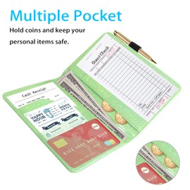ACdream Server Books for Waitress, Guest Book Note Pad, Cute Pocket Leather Money Organizer Wallet, Cash Check Bill Receipt Holder Presenter, Waiter Accessories Server Books for Waitress E- Green GLI