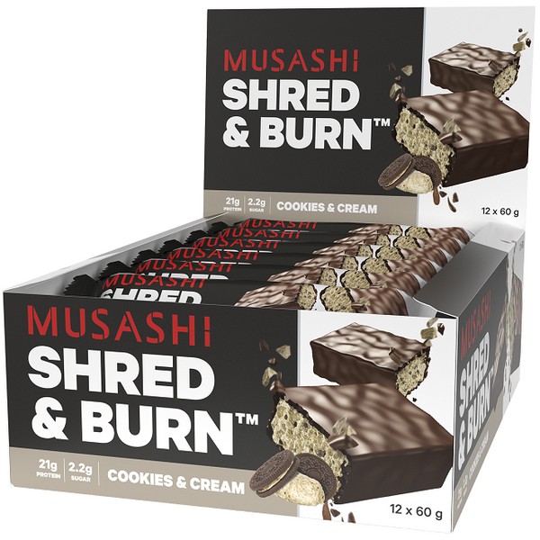 Musashi Shred & Burn Protein Bars 12 x 60g - Cookies & Cream - Expiry 13/01/25