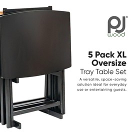PJ Wood 5 Pack XL Oversize Tray Table for Living Room or Kitchen, Indoor TV Tray Set for Small Spaces and Family Gatherings, Black