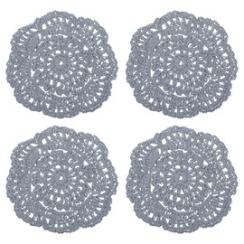 QUARKZMAN Crocheted Doilies 4 Pieces 4 Inch Cotton Woven Fabric Coasters Lace Round Handmade Coasters with Flower Pattern for Wedding Party Decoration (Grey)