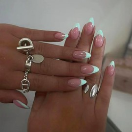 30Pcs Mint Green Press on Nails French Tip Fake Nails Short Almond Shape Acrylic False Nails Natural Artificial Glue on Nails Press on Nude Pink Stick on Nails DIY Art for Women Girls