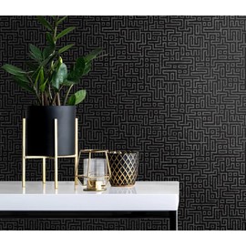 Wallpaper Rockefeller Maze Geometric Onyx Black Charcoal Matte Labyrinth Lines