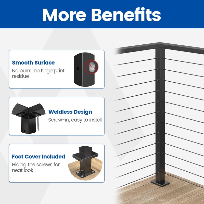 Muzata Black Corner Cable Railing Post 42 Inch 42"x2"x2" T-drilled