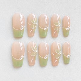 GLORS Long Ballerina Press On Nails, Pearl-Decorated Pink and Green French Tips, Handmade False Nail 10 Pieces (Small,LB)
