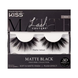 KISS Lash Couture False Eyelashes, Matte Black Faux Mink Collection, 3D Volume Lash, Soft & Matte Finish, Style 'Matte Velvet', 1 Pair Fake Eyelashes
