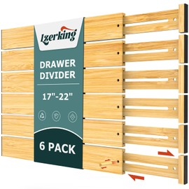 Lzerking Kitchen Drawer Dividers 6 Pack, 17-22" Adjustable Bamboo Drawer Organizers Large, Spring Loaded, Expandable Utensil Organizer, Works in Kitchen, Dresser, Closet, Bathroom, Bedroom