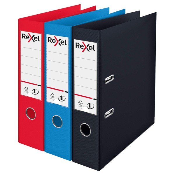 Rexel Choices A4 Lever Arch Files, 3 File Folders, Assorted: Black, Red and Blue Files