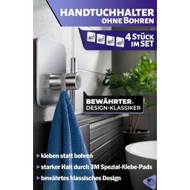 Menz Menz Klebehaken 4er-SET - Wasserfeste Haken ohne Bohren Edelstahl, Haken selbstklebend mit guter Tragkraft, selbstklebende Haken extra stark, funktionale Wandhaken, Handtuchhaken Badezimmer, Silber