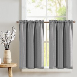 TOPICK Grey Kitchen Curtains 24 Inch Curtains Waffle Weave Textured Cafe Curtains Half Window Curtain Set Rod Pocket Light Filtering for Bathroom Sink Cupboard Basement RV 2 Panels