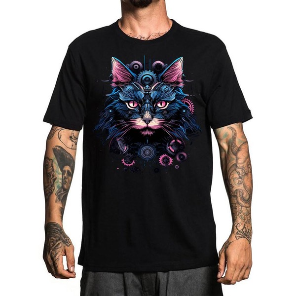 EDGMM Men Cat Robot T-Shirt,Men Graphic Tee,Cotton Breathable Casual T-Shirt