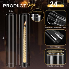 6 PCS Hurricane Glass Candle Holder (H:14" D:2.5"),Glass Cylinder Candle Holder for Taper Candles, Bottomless Open Ended Glass Hurricane Candle Holder Tube Shade, Open Flame Candle Chimney Tube Cover
