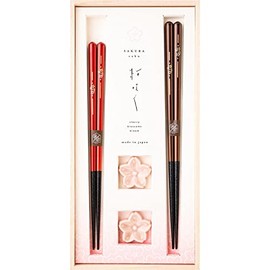 Hashikura Matsukan S-12190 Chopsticks, Dishwasher-Safe, Husband and Wife Chopsticks, Natural Wood, Pair Set, 9.1 inches (23 cm), 8.3 inches (21 cm), Chopsticks Rest Included, Sakura Saku, Sakura,