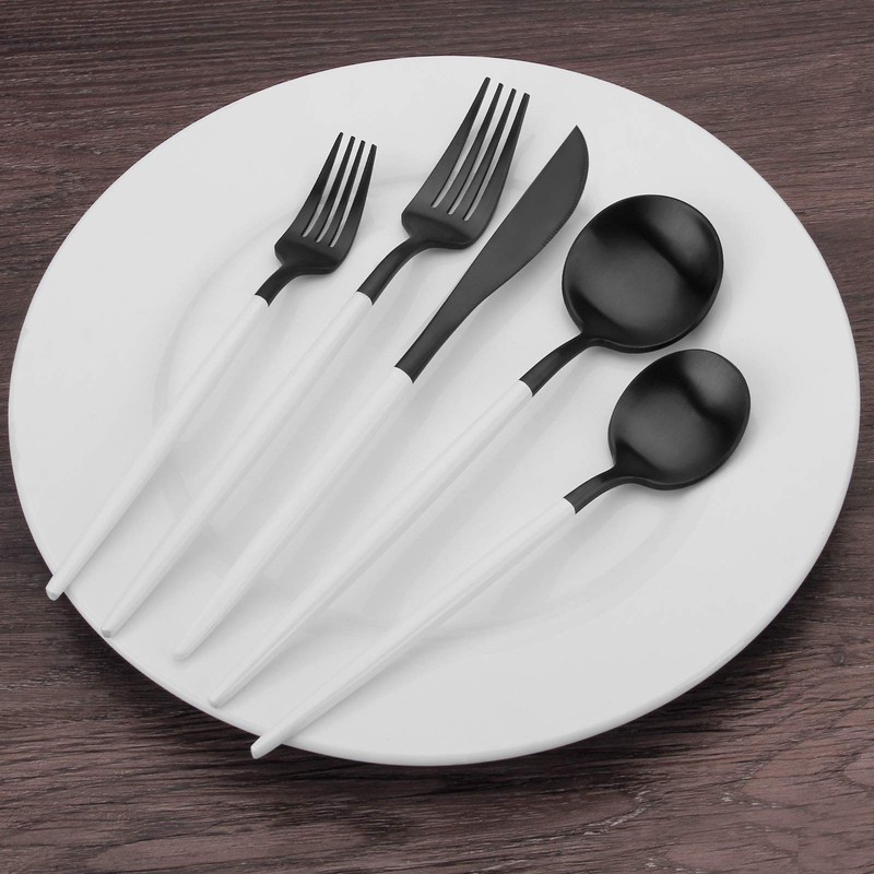 Matte Black Silverware Set with white handle, Bysta 5-Piece Stainless