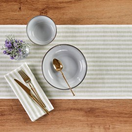 Solino Home Stripe Linen Table Runner 36 Inch - Sage and White, 100% Pure Linen Easter Table Runner 14 x 36 Inch Ideal for Dresser and Coffee Tables - Amalfi Stripe