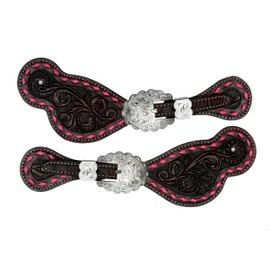 BLACK HOOF Floral Tooled Leather Spur Straps with Buckstitch Design for Horse Riders | Western Men, Women, Adjustable Single Ply Spur Straps | Equestrian Accessories, Pink Buckstitch
