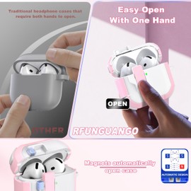 RFUNGUANGO Starship Series Case Compatible with AirPods 4th Case with Secure Closure Clip, Automatic Pop Up Case, Full Body Hard Case for AirPods 4th Case (2024),White and Pink